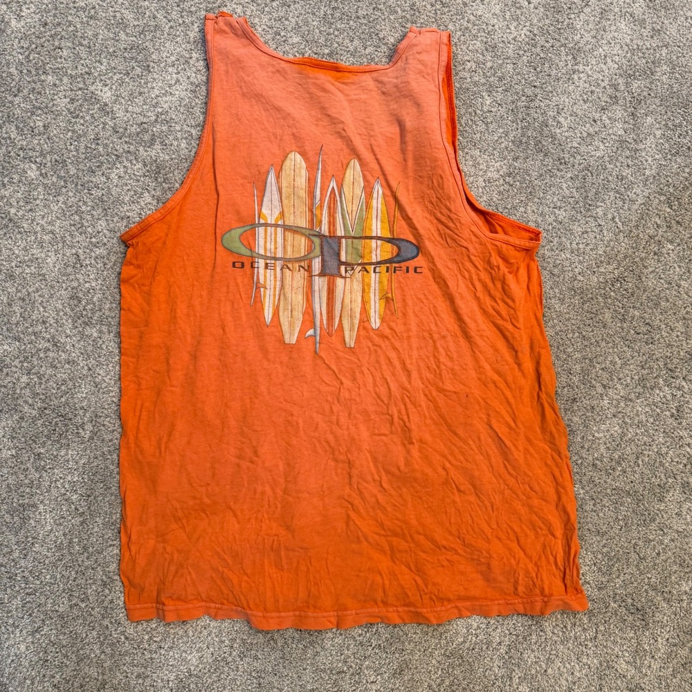 Vintage Ocean Pacific OP Orange Graphic Surfboard Tank Top Mens Large Surf Y2K